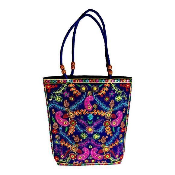Hand Crafted Handbags - Hand Embroidered Woven Bag‎ with Floral Decoration Zipper Closure